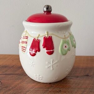 Used Hallmark Holiday Cookie Jar with Red Lid and Festive Mittens
